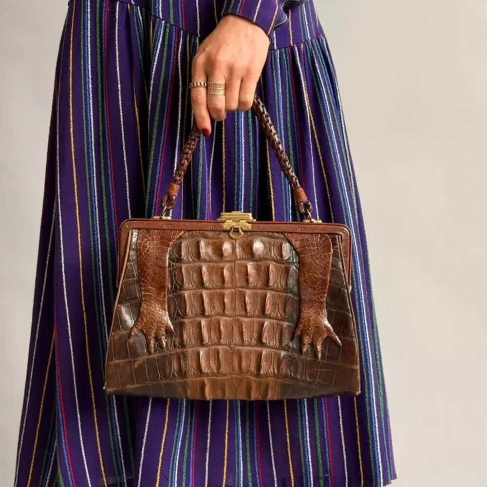 Antique Hornback Alligator Skin Handbag with Taxidermy Paws - Brown